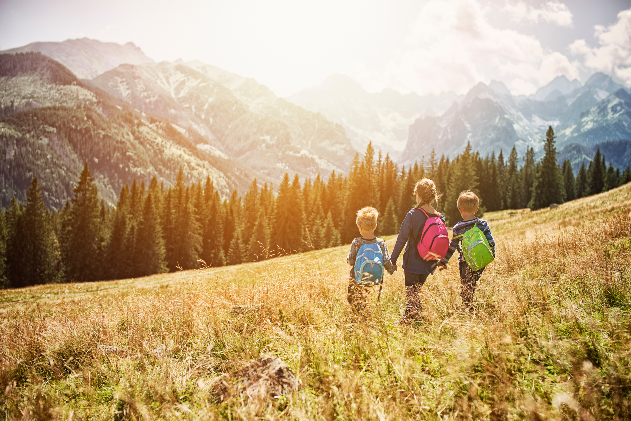 Kids hiking in the mountains